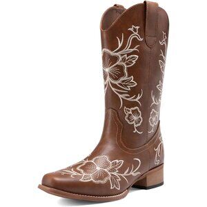 Women's Brown Western Cowboy Boots Square Toe Embroidered Mid Calf Chunky Heel